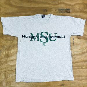 Vtg 90s Michigan State Thrashed Single Stitch Gray Graphic T-shirt USA Made Sz L